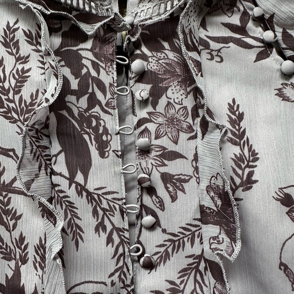 ASOS DESIGN frill mini dress with button detail in dusty purple toile du jouy - Picture 8 of 9